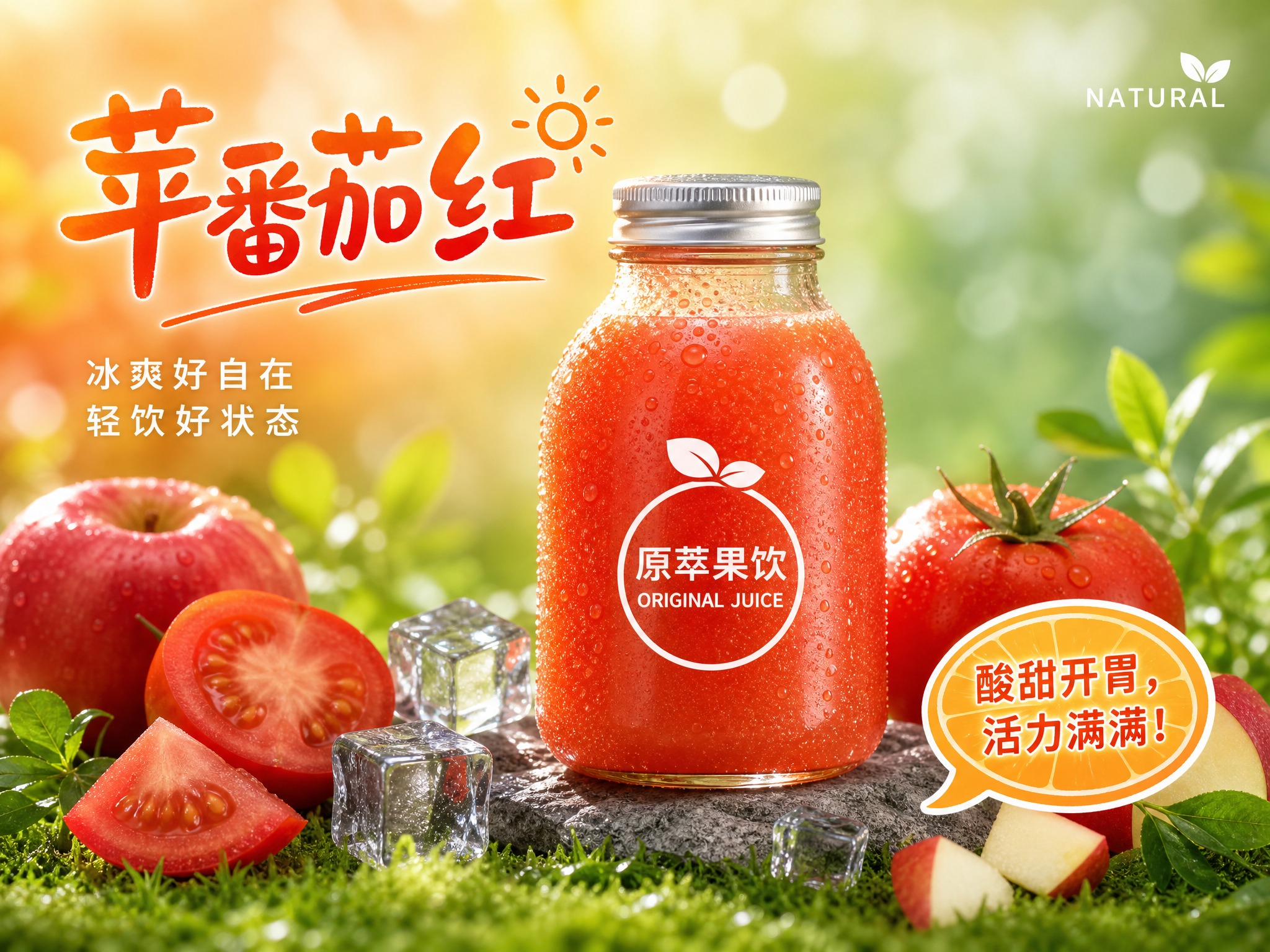 苹果番茄汁鲜榨果汁广告海报，4:3横版比例。画面中央是一瓶透明… - 图片创意预览