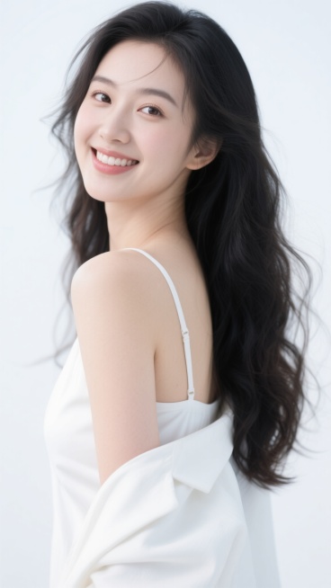 一位年轻女性的上半身写真，白色背景，高清商业人像摄影风格，柔和明亮的顶侧光，细腻的皮肤质感，自然通透的肤色，温暖的微笑表情，微侧的头部姿态，黑色长卷发随风飘逸，穿着白色吊带裙和敞开的白色外套，露出一侧肩膀和背部线条，整体氛围清新自然、优雅动人，无文字和装饰元素。预览效果