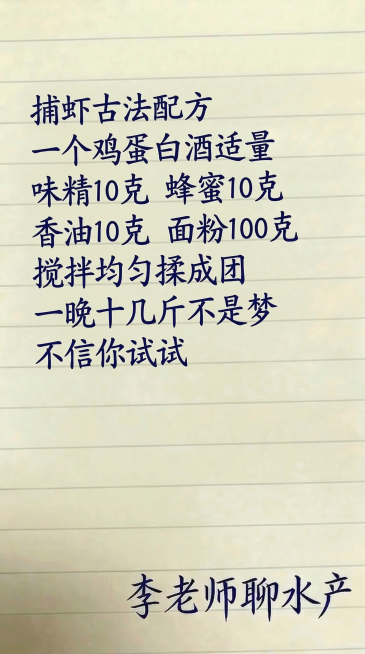 参照原图的浅色横格笔记本背景，使用和原图一样的深蓝色手写字体，排版布局和原图保持一致，替换内容一字不差：捕虾古法配方 一个鸡蛋白酒适量味精10克 蜂蜜10克 香油10克 面粉100克搅拌均匀揉成团一晚预览效果