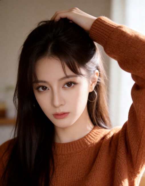 保留原图人物脸型五官特征，修改为：一位长相清秀的年轻女生，长发披肩，穿着暖色调针织衫，半身人像，背景是虚化的温馨室内环境，柔和的自然光从侧面打过来，温暖氛围，人物表情温柔，眼神清澈，画面低饱和度，电影预览效果