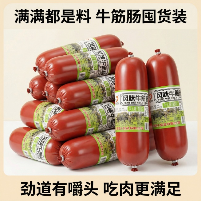 我的产品是牛筋肠，帮我做10张主图产品堆积起来突出产品多预览效果