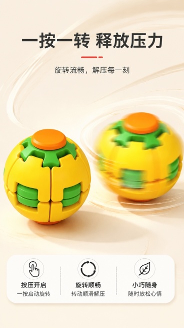 [第4屏] 使用体验页-解压旋转动态展示。本屏使用【图1】的动态效果作为参考，使用【图1】生成。
[氛围/风格] 动感清晰风，浅暖背景，突出旋转解压的使用体验，生动有吸引力。
[元素布局] 画面主体展预览效果