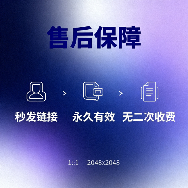 [主图 4] 助眠冥想音频售后保障主图。
[氛围风格] 简约安心信任感风格，简洁大方；
[画质] 商业设计质感，画面清晰干净，文字清晰可辨，超高清高级感。
[元素] 深蓝浅紫渐变背景，中心三个售后保障预览效果