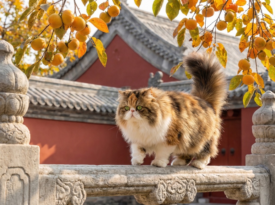 照片里的的长毛猫，不改变脸造型跟颜色，绿色的圆眼睛，正迈着一只前爪站在带有传统花纹的灰色石栏杆上，背景是中国古建筑的红色墙壁和灰色瓦片屋顶，头顶上方是挂满橙黄色柿子和翠绿黄叶的树枝，阳光明媚，光线充足预览效果