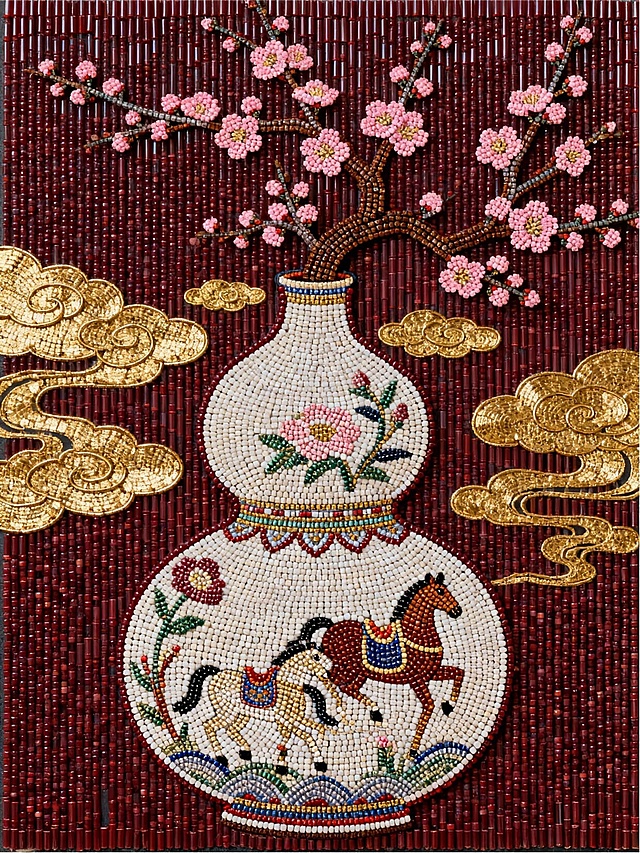 主体是一只巨大的、造型饱满的宝葫芦花瓶。整个葫芦瓶身上是超级精致的马驹（马鞍）戏花的图案，瓶口延伸出的梅花枝干，粉色的梅花点缀其间。大面积的金色祥云装饰在深红色背景上