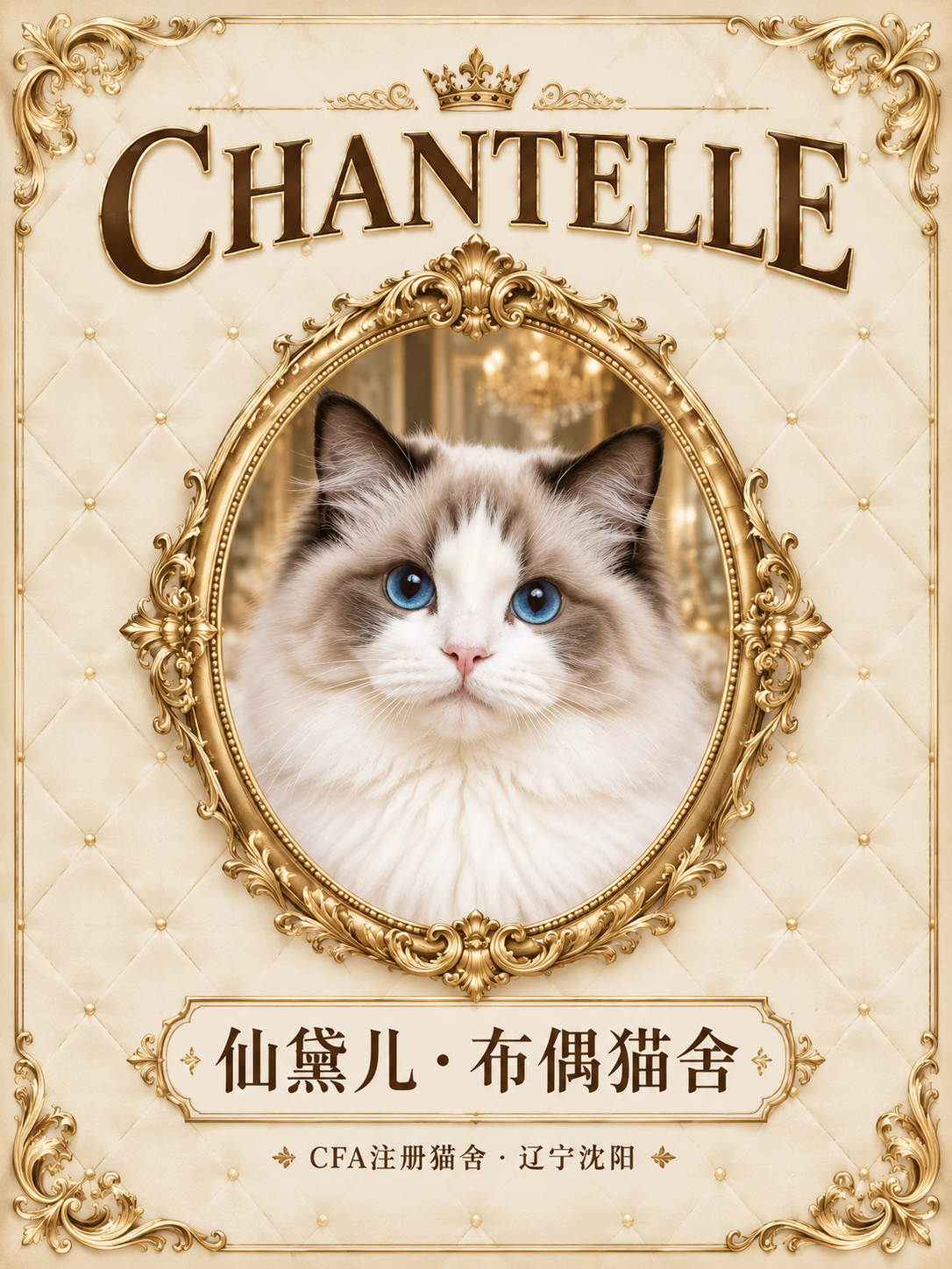 欧式复古轻奢风格猫舍封面图，竖版3:4比例。米金色菱格纹理背景… - 图片创意预览