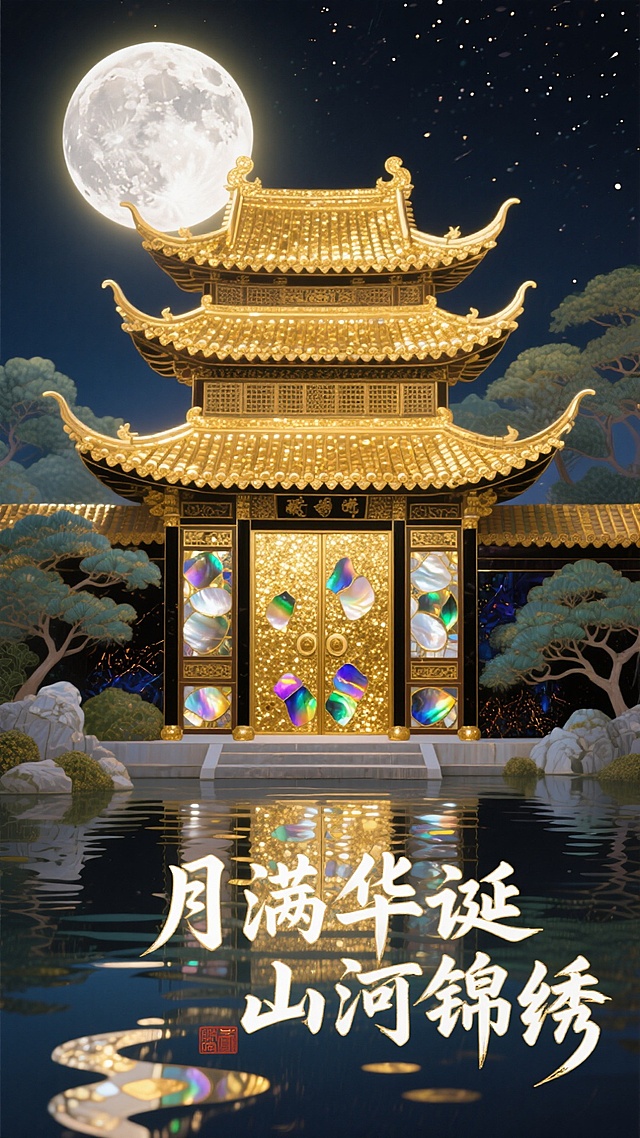 鎏金中式楼阁映月夜，光影流转如梦似幻，国潮插画风融合重拟物细节，静谧唯美中尽显奢华古典之美。