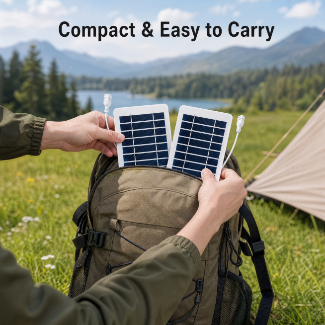 [Main Image 3] 2-Pack 5V 2W Solar Panel portable feature display in outdoor camping. Keep the origin预览效果