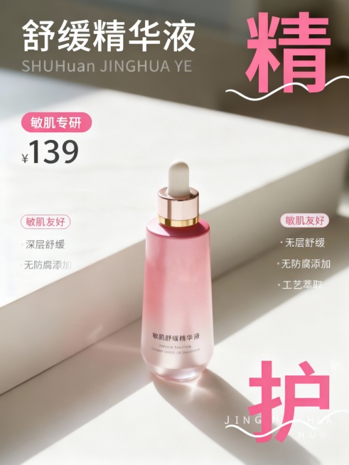 画面上方右上角粉色大标题 “精”、右下角 “护”，两字间白色波浪线，上缀小字 “JING HU HUA”；左侧副标题 “舒缓精华液” 小字 “SHUHuan JINGHUA YE”，左标签 “敏肌专研预览效果