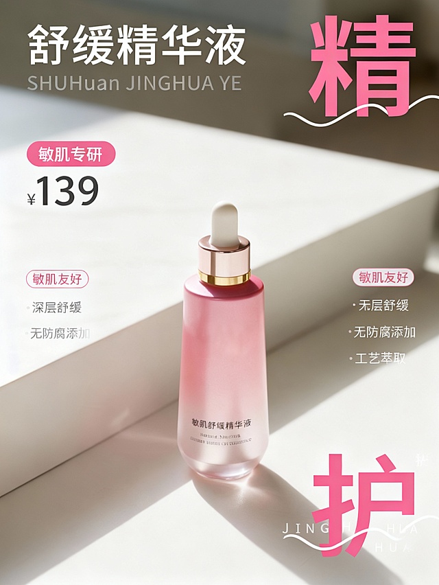 画面上方右上角粉色大标题 “精”、右下角 “护”，两字间白色波浪线，上缀小字 “JING HU HUA”；左侧副标题 “舒缓精华液” 小字 “SHUHuan JINGHUA YE”，左标签 “敏肌专研”、“¥139”；画面两侧设计感小标签 “敏肌友好”、“深层舒缓”、“无防腐添加”、“工艺萃取”，白色字，版式层次分明。