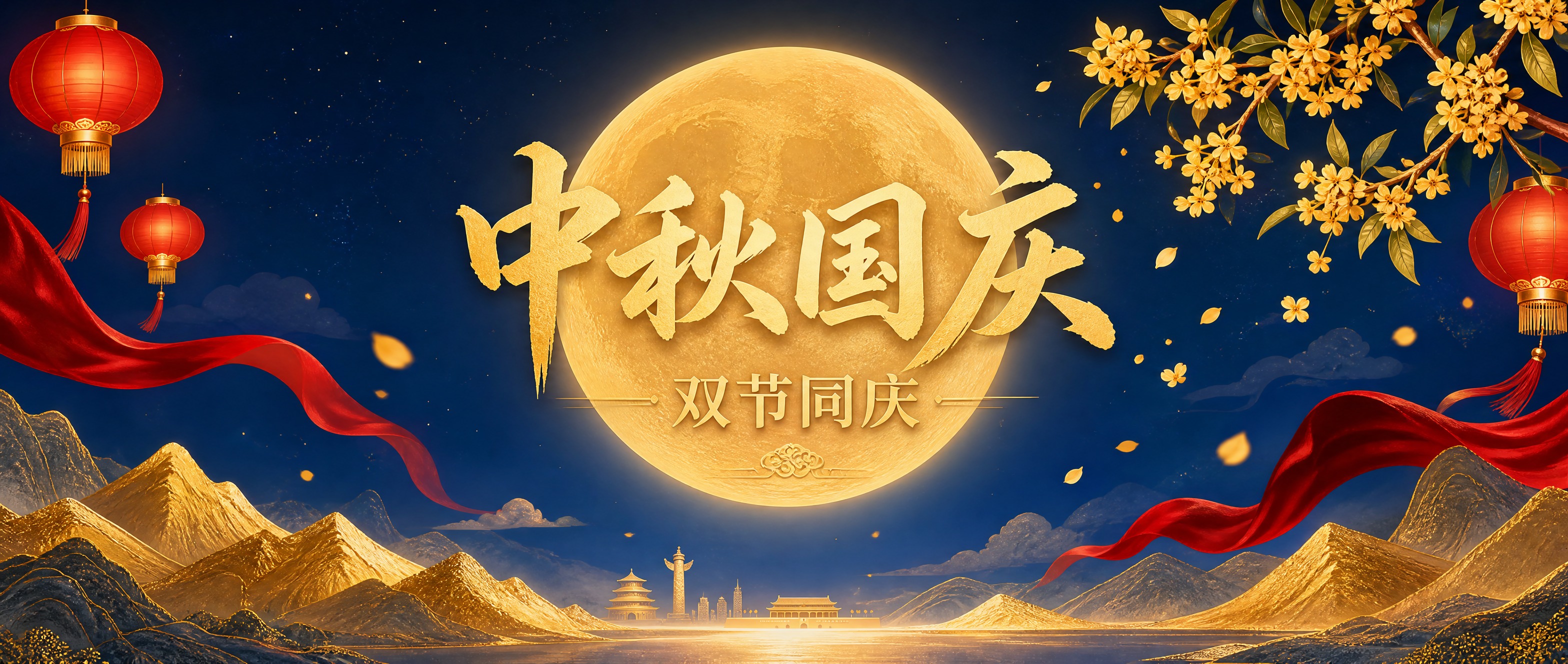 公众号活动推文首图，中秋国庆双节主题，蓝金红配色风格。横版2.… - 图片创意预览