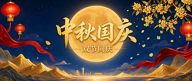 公众号活动推文首图，中秋国庆双节主题，蓝金红配色风格。横版2.35:1比例。深蓝色渐变夜空背景，中央一轮金色大圆月，月光洒下柔和光晕。画面右上角有桂花枝垂落，花瓣飘落。底部有金色层叠山峦剪影。画面左右点缀少量红色灯笼和红色飘带元素，增添节日喜庆氛围。主标题大字"中秋国庆"居中上方，副标题"双节同庆"在下方，金色字体优雅大气。整体画面清晰有层次感，蓝金为主红色点缀，高端雅致，节日氛围浓厚。超高清画质，2K分辨率，清晰无杂色，无LOGO，无二维码。版式精美，适合公众号首图。