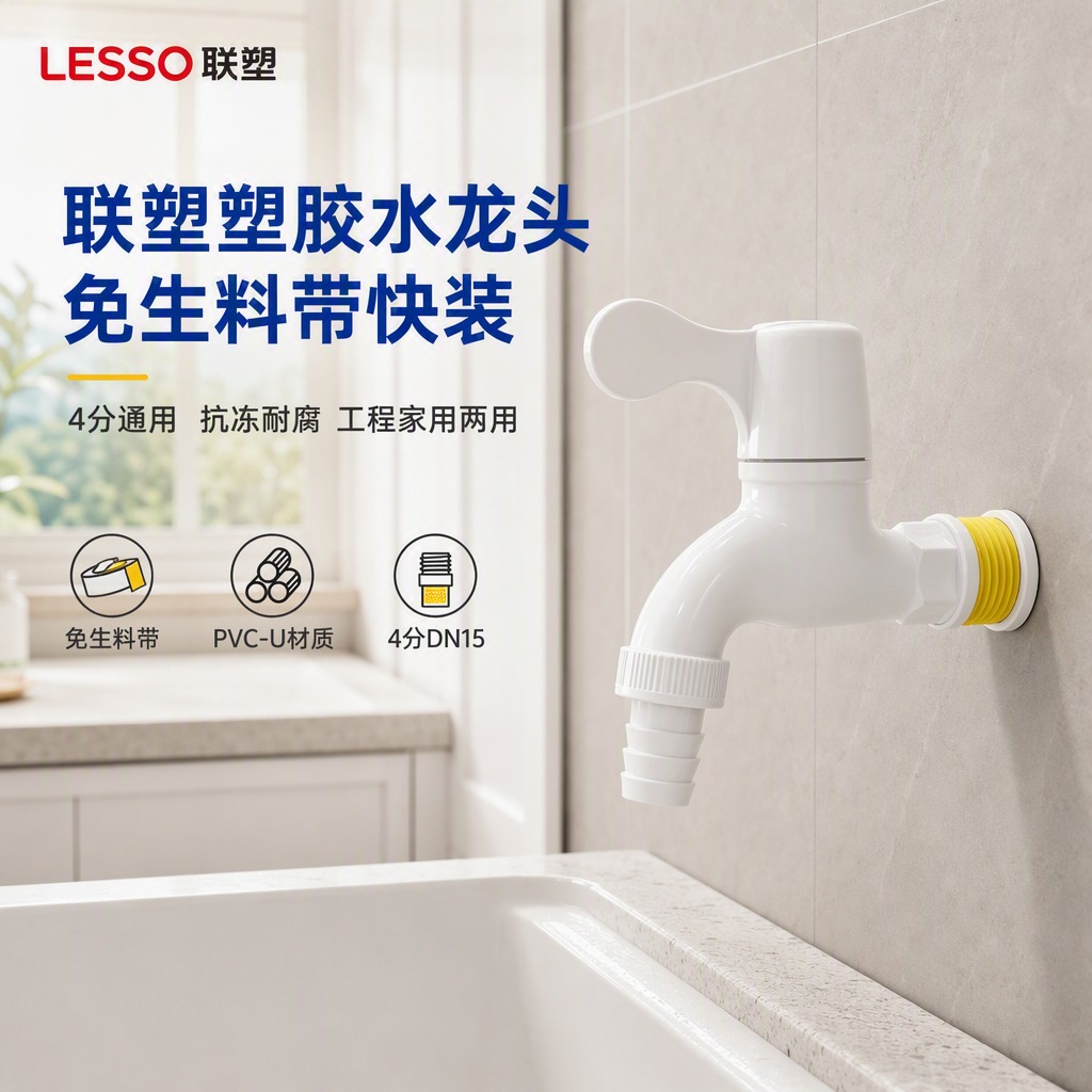 [主图-1] 首图点击率，展示联塑塑胶水龙头安装在阳台洗衣池的… - 图片创意预览