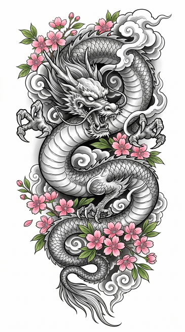 将原图案的龙更换为更凶狠凶猛的露齿造型，张开龙爪表情凶悍，把所有牡丹花替换成粉色樱花搭配绿色叶片，保留原日式老传统的线条晕染风格，保持竖向构图和原有祥云位置，去掉背景灰色渐变改为纯白色干净背景，樱花错预览效果