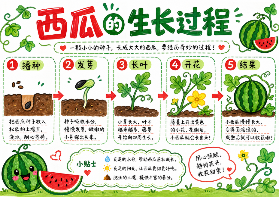 参考之前手抄报的马克笔手绘风格，制作横版西瓜的生长过程科普手抄报，白底绿色红色调，包含标题"西瓜的生长过程"，分步骤展示西瓜从播种到结果的每个生长阶段，每个阶段配手绘插图和文字说明，整体排版清晰可爱，预览效果