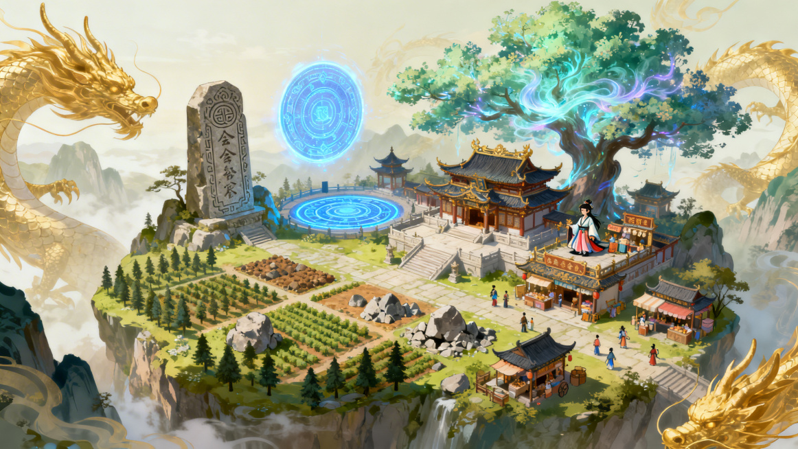 二次元风格的三国题材游戏公会户外场景，坐落于世外桃源般的山谷之中，山谷四周环绕着朦胧的金色龙气。场景中心是宏伟古风的公会大厅主建筑，旁边有精致华贵的高级公会商行，不设处悬浮着泛着蓝光的圆形传送法阵作为预览效果