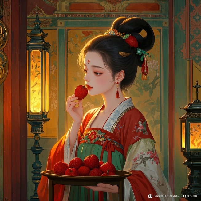 工笔，女生，吃荔枝，明艳动人，恢弘华丽的唐代宫廷场景预览效果