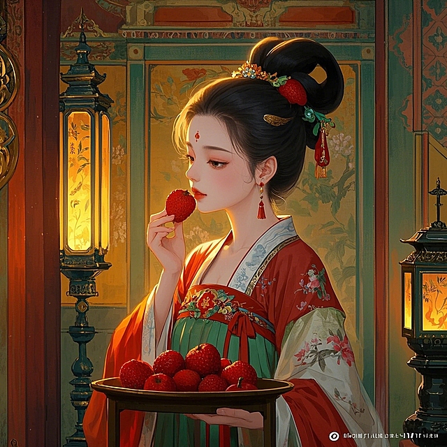 工笔，女生，吃荔枝，明艳动人，恢弘华丽的唐代宫廷场景