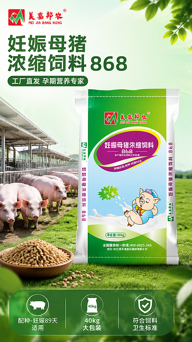 [第1屏] 详情页头图-美嘉邦农妊娠母猪浓缩饲料868产品主视觉海报。本屏使用【图1】作为商品主体，保持包装袋外观、颜色、文字、比例与原图完全一致。
[氛围/风格] 农牧养殖专业大气风，绿色自然主调，商业摄影质感，干净明亮。
[元素布局] 饲料袋置于画面中央偏右，占比约55%-60%，正面展示；左侧为猪场养殖场景背景，可见健康母猪群与整洁猪舍远景，前景有绿色草地与饲料颗粒点缀；左上角品牌标识区，底部信息条；产品包装结构、绿紫配色、卡通小猪图案、文字内容与输入图完全一致，不得变形错乱。
[光影质感] 左上方自然柔光，右侧辅光，包装袋正面清晰，底部柔和投影，整体通透明亮。
[配色色系] 全局底色渐变 #E8F5E9 浅绿到 #FFFFFF；主色深绿 #2E7D32；辅助色紫色 #9C27B0、黄色 #FDD835。
[视角构图] 正面微仰视，产品为视觉中心，阅读动线左上品牌 → 中部产品 → 底部卖点。
[文字版式] 左上主标题「妊娠母猪浓缩饲料 868」，副标题「工厂直发 孕期营养专家」，黑体加粗；底部绿色信息条含「配种-妊娠89天适用」「40kg大包装」「符合饲料卫生标准」三个短卖点，图标+文字横向排列；文字不遮挡产品主体。
[比例分辨率] 9:16 竖版比例，4K分辨率，文字清晰可辨，高清画质。
[负向提示词] 包装袋变形，文字错乱，颜色偏差，缺件错件，水印，产品模糊，背景杂乱，人物乱入。