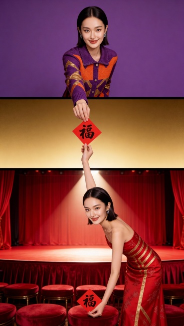 【上层场景，占比45%】：背景纯紫色。身穿紫色+橙色的拼接时尚质感高级定制高定服饰（参考图2）的高级亚洲模特（参考图1），她大眼睛双眼皮，长相很时髦，微笑，齐肩短发大背头，， 女性模特上半身跨越界面从预览效果