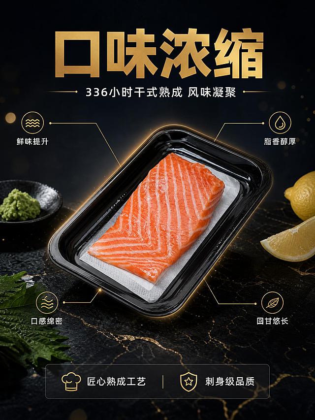 [抖店主图5] 熟成三文鱼刺身 口味浓缩卖点图，黑金高级日料风格，工艺透视种草型版式，抖音电商3:4竖版。

[画面主体] 画面中央为一盒熟成三文鱼刺身，黑色吸塑盒包装，盒内三文鱼呈现深胭脂红熟成色泽，白色大理石脂肪纹理清晰均匀，表面泛着水润冰鲜光泽。产品占画面约40%-45%，完整不裁切。三文鱼肉质颜色、脂肪纹理、黑色包装盒形态均为真实生鲜状态，精细化处理鱼肉肌理，真实摄影质感。产品外观与输入产品图保持一致。

[构图版式] 工艺透视种草型版式。顶部主标题，中间产品主体，周围用金色细线引出风味浓缩的工艺说明。信息层级：主标题 > 产品主体 > 工艺说明点。

[场景元素] 背景为深黑到深灰蓝的高级渐变背景，下方是深色哑光大理石台面，带有自然金纹脉络。产品周围点缀：山葵泥、紫苏叶、柠檬片。画面中有细微的金色光点粒子飘散，增加高级感。产品周围有淡淡的金色光晕，突出熟成浓缩的概念。

[文案版式] 画面顶部主标题区：
- 超大主标题"口味浓缩"，金色粗黑体，字号极大，是画面第一视觉焦点
- 主标题下方副标题"336小时干式熟成 风味凝聚"，白色细黑体

产品周围用金色细引线引出四个风味浓缩说明点，分布在产品四周：
- 左上："鲜味提升" 白色细字配金色小图标
- 右上："脂香醇厚" 白色细字配金色小图标
- 左下："口感绵密" 白色细字配金色小图标
- 右下："回甘悠长" 白色细字配金色小图标

底部半透明深色信息条，两端留空，横向排列："匠心熟成工艺""刺身级品质"，白色小字配简约图标。

[光影质感] 真实商业摄影布光，顶部柔光为主光，侧方补光勾勒轮廓。三文鱼表面有自然水润高光，肉质呈现深胭脂红的熟成色泽，脂肪纹理如大理石般清晰。产品在台面上有柔和接触阴影。整体光比适中，暗部有细节，高光不溢出，真实摄影棚拍质感。

[配色字体] 主色深黑灰蓝渐变背景；辅色三文鱼胭脂红、奶白脂肪纹理；强调色金色标题和引线。标题字体为粗黑体，强对比；说明点文字字号较小，用金色引线和图标引导阅读。

[比例分辨率] 3:4竖版比例，2K分辨率，文字清晰可辨，真实高清商业摄影质感。

[负向提示词] 变形，水印，文字错乱，文字模糊，产品模糊，背景杂乱，电商平台Logo，过度AI感，塑料质感，鱼肉发黑变质，脂肪纹理混乱，悬浮感，硬边阴影，廉价HDR，卡通感，插画感，3D渲染感，人物。