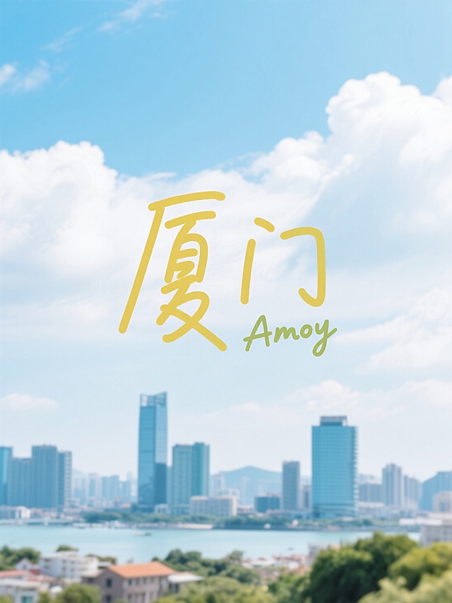 “厦门”二字居中字体为手写体，无背景颜色，副标题小字“Amoy”位于主标题之间，文字为暖色调，背景为厦门城市照片，风格清新