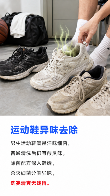 [第7屏] 本屏功能定义：猫博士除菌洗鞋液使用场景第三屏，展示运动鞋异味去除应用场景。
[氛围/风格] 真实生活场景，干净清爽，突出除菌去味效果，商业摄影质感。
[元素布局] 采用上下布局，上方占2/预览效果