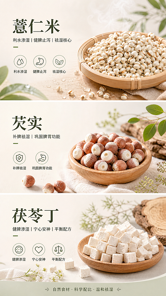 电商分屏详情页，分别介绍薏仁米、芡实、茯苓丁三种核心祛湿食材功效：薏仁米利水渗湿健脾止泻祛湿核心，芡实补脾祛湿巩固脾胃功能，茯苓健脾渗湿宁心安神平衡配方，每种食材单独模块展示，清爽自然风格