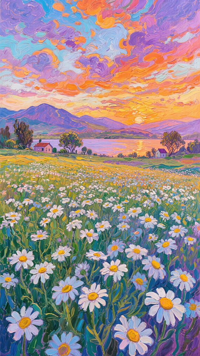 梵高风格的花海，画面中是一片广阔的雏菊花田，白色的花瓣和黄色的花心在夕阳下显得格外鲜艳。天空中布满了色彩斑斓的云彩，从橙色到紫色渐变，远处是连绵的山脉和宁静的湖泊。画面采用了梵高标志性的厚重笔触和强烈的色彩对比，充满了动感和生命力。雏菊花田占据了画面的大部分空间，花朵密集而富有层次感，远处的树木和房屋点缀其间，增添了画面的深度。整个场景在夕阳的映照下，呈现出温暖而梦幻的氛围，仿佛一幅充满激情和生命力的油画作品。