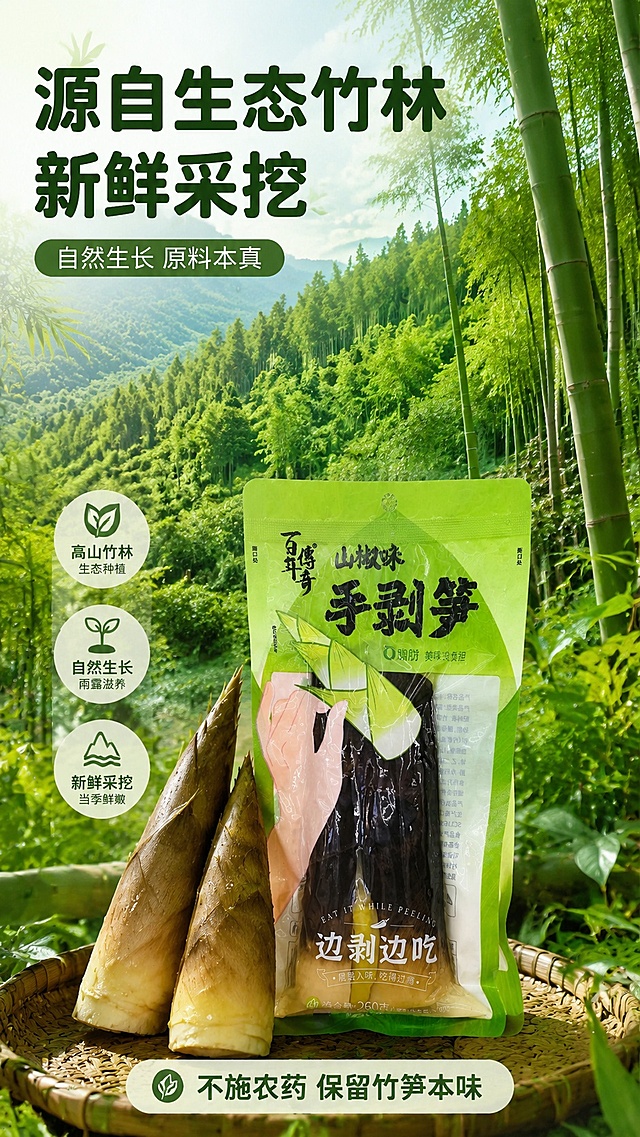 [第2屏] 原料产地展示屏-百年传奇手剥笋生态竹林产地介绍。本屏使用【图1】作为商品辅助展示。
[氛围/风格] 自然原生态氛围，绿色清新，真实产地摄影质感，突出新鲜原料优势。
[元素布局] 上半部分占据70%画面展示茂密青翠的高山竹林实景，下半部分放置商品包装，竹林场景作为主视觉放大占屏，体现原料来源；搭配几颗新鲜完整带壳竹笋作为点缀，凸显产品天然属性。
[光影质感] 自然日光漫射效果，整体明亮清新，竹林层次感清晰，商品包装细节清晰不模糊。
[配色色系] 全局底色 #EFF8E9；主色自然绿色，辅助色浅米色背景、深绿色文字。
[视角构图] 上风景下商品的竖向排版，视觉动线从上到下自然过渡。
[文字版式] 顶部主标题「源自生态竹林 新鲜采挖」，副标题「自然生长 原料本真」，沿用圆角加粗免费商用字体，左对齐排版；底部添加一行说明文字「不施农药 保留竹笋本味」，信息层级清晰，不遮挡主画面。
[比例分辨率] 9:16竖版比例，4K分辨率，文字清晰可辨，高清画质。
[负向提示词] 文字错乱，文字过小，水印，产品模糊，颜色失真，背景杂乱。