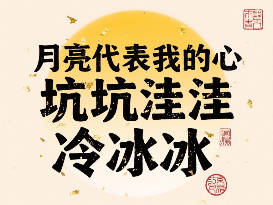 宋体， 文案“ 月亮代表我的心  坑坑洼洼冷冰冰 ”，文字布局紧凑，背景浅米色点缀少量金箔，中心融入渐变黄色圆形模拟月亮，右上角和右下角添加中式红色印章预览效果