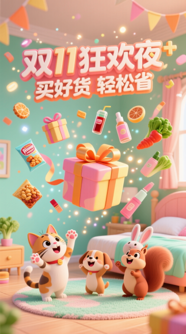 3D卡通风格，柔和暖色调卧室背景，礼物盒子漂浮在空中，丝带与光粒子环绕。小猫、小狗、小松鼠、小兔子站在床边或地毯上，开心地举起爪子仰望礼物，表情兴奋、可爱至极。空中漂浮的零食、饮料、化妆品、蔬菜色彩丰预览效果
