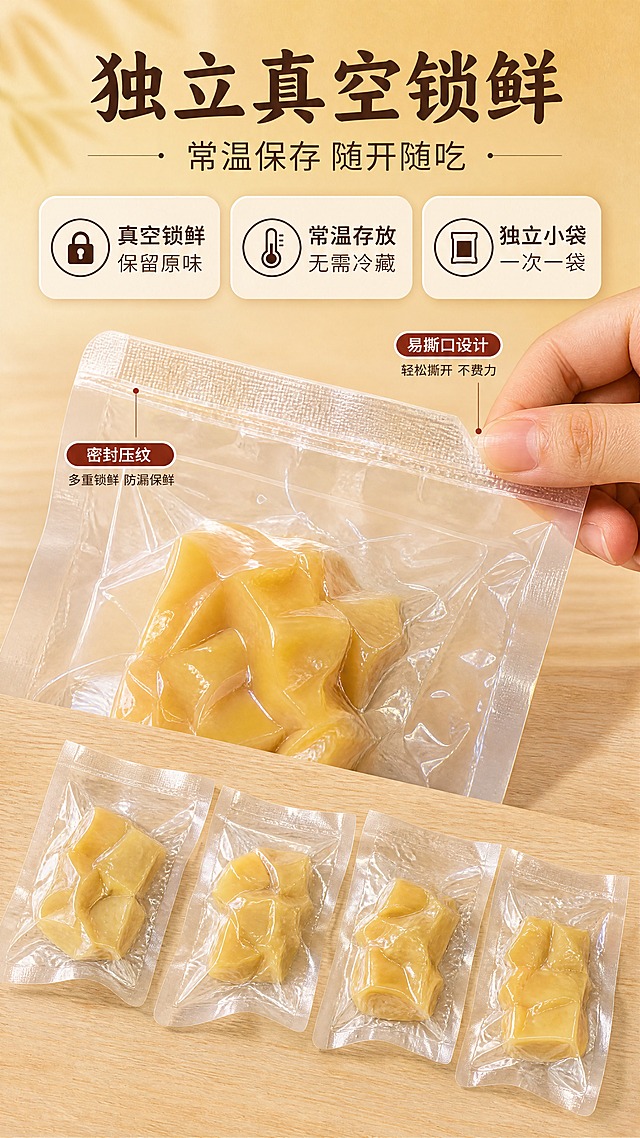[商品] 使用【图4】4小袋拆分图、【图5】单小袋图；保留独立真空小包装形态、透明袋质感、封口压纹；将产品从原桌面背景提取。
[画面] 包装保鲜页，目标是展示独立真空锁鲜、常温保存、随开随吃的便利性。结构特写+手部操作结合：上半部分为真空包装袋封口微距特写（占画面约40%），展示密封压纹与锁鲜效果，配一只手正在撕开小袋的动作瞬间；下半部分4小袋整齐排列，展示独立分装形态；背景为干净的浅木色桌面。
[视觉] 套系策略：风格=中式温润食品商业摄影风；标题字=圆润宋体粗体；正文字=简洁无衬线体；主色=暖姜黄；背景延展=基于暖姜黄做深浅层级、米黄渐变和木质/纸张质感；强调色=红糖棕，仅用于小面积图标、引线和标签；标题色=深棕褐；正文色=暖棕灰；组件=圆角米白底信息卡、细线引线、红糖色胶囊标签；光影=左前侧暖柔光，通透自然。
[文字] 顶部主标题"独立真空锁鲜"，副标题"常温保存 随开随吃"；下方3个卖点："真空锁鲜 保留原味"、"常温存放 无需冷藏"、"独立小袋 一次一袋"；文字全部横排。
[规格] 图片比例9:16竖版，4K，避免变形、错字、文字过小、冷蓝背景、木薯颜色改变、包装文字错乱。