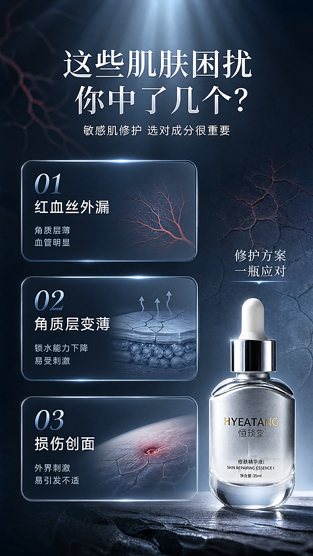 [第2张] 详情页痛点直击—敏感肌三大困扰引出修护方案。本张使用【图1】作为右下角产品展示。
[氛围/风格] 冷静克制的问题肌诊断风，深蓝灰调+微光点缀，专业医美质感，版式精致有层次。
[元素布局] 画面左侧及中部为三大痛点卡片区域，右下角放置精华液产品瓶身，占比约25%；背景为深灰蓝渐变，带有细微皮肤纹理暗纹和红色血丝状线条抽象元素，上方有柔和冷光从顶部洒下；三张痛点卡片呈竖排错落排列，卡片为半透明玻璃质感，带细边框。
[光影质感] 顶部冷调主光，卡片边缘有微光勾勒，产品瓶身有高光点缀，整体偏暗调突出问题感，右下角产品区域稍亮形成视觉锚点。
[配色色系] 全局底色 #2C3E50 到 #34495E 深蓝灰渐变；主色冷白、浅灰蓝；辅助色淡红色（代表红血丝）、银色产品。
[视角构图] 正面平视，阅读动线顶部标题→左侧三痛点卡片→右下角产品解决方案。
[文字版式] 顶部大标题「这些肌肤困扰 你中了几个？」，副标题「敏感肌修护 选对成分很重要」；三张痛点卡片依次：①「红血丝外漏」配细小红线图示+小字说明「角质层薄 血管明显」；②「角质层变薄」配皮肤分层图示+小字说明「锁水能力下降 易受刺激」；③「损伤创面」配微小创口图示+小字说明「外界刺激易引发不适」；右下角产品旁标注「修护方案 一瓶应对」。
[比例分辨率] 9:16竖版比例，4K分辨率，文字清晰可辨，高清画质。
[负向提示词] 产品变形，颜色偏差，文字错乱，水印，医疗化表述，夸大对比，优惠信息。