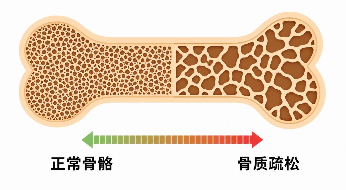 参考图片风格，重新生成正常骨骼和骨质疏松对比图，保留骨头形状、纹理对比和文字标注预览效果