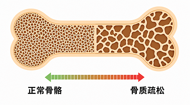 参考图片风格，重新生成正常骨骼和骨质疏松对比图，保留骨头形状、纹理对比和文字标注