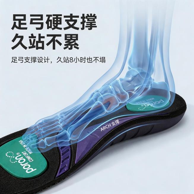 将图片中的鞋垫整体颜色修改为黑色，保留原鞋垫的纹理、Poron标识和结构设计不变，保留原有透明足部骨骼图示和所有文字文案内容，保持浅灰色渐变背景不变，整体风格和光影与原图保持一致，保证修改颜色后细节清预览效果