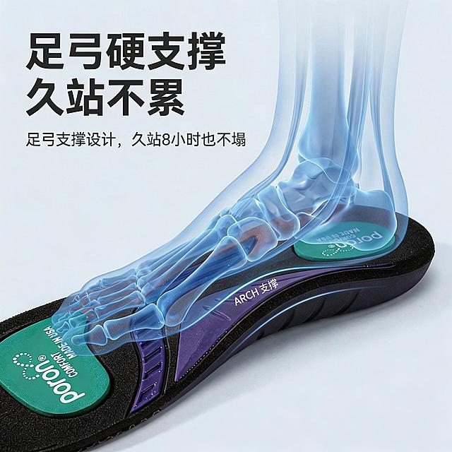 将图片中的鞋垫整体颜色修改为黑色，保留原鞋垫的纹理、Poron标识和结构设计不变，保留原有透明足部骨骼图示和所有文字文案内容，保持浅灰色渐变背景不变，整体风格和光影与原图保持一致，保证修改颜色后细节清晰自然