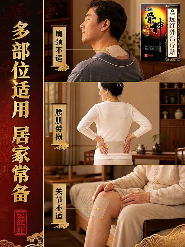 [商品] 使用【图1】宛灸堂雷神骨神远红外治疗贴包装盒；保留包装盒完整外观、颜色、Logo及所有文字；包装盒缩小置于画面右上角，占画面约12%。
[画面] 目标为使用场景页，展示真人多部位贴敷效果。采用三格竖排拼图布局：上格为中年亚洲男性肩颈部位贴敷，穿家居服，坐姿放松；中格为中年亚洲女性腰部贴敷，手扶腰部，站姿自然；下格为老年亚洲人膝盖部位贴敷，坐姿；每格都是真实居家场景，光线温暖；人物表情自然放松，不做夸张痛苦或治愈表情。
[视觉] 套系策略：风格=中式传统医药风商业摄影；标题字=粗黑体+书法点缀；正文字=简洁黑体；主色=深黑红；背景延展=基于黑红金做深浅层级、同色渐变和中式纹理质感；强调色=金色，仅用于小面积图标、引线、标签和光效；标题色=金色；正文色=米白色；组件=金色细线引线、中式卷轴信息卡、印章式标签；光影=暖黄色居家自然光，温馨舒适。
[文字] 左侧竖排主标题'多部位适用 居家常备'金色大字（文字横向排版，竖列排列每行1-2字）；每格场景旁标注适用部位：'肩颈不适'、'腰肌劳损'、'关节不适'；文字全部横向排版。
[规格] 图片比例3:4竖版，4K分辨率，避免变形、错字、文字过小、医疗效果承诺、夸张表情、包装文字错乱。