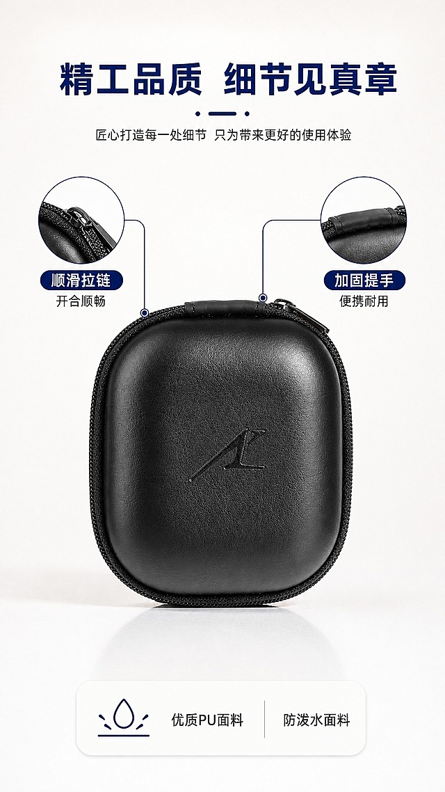 [商品] 使用【图2】黑色收纳包正面闭合图；保留PU皮质纹理、压印Logo、拉链齿边、顶部手提带，增强皮革质感与光泽，不改变产品形状和颜色。
[画面] 产品外观细节展示，产品正面居中占画面60%，正视角度；上下分栏布局，上方标题区，下方产品大图+左右两侧细节小图（拉链特写、提手特写）；乳白色背景，左侧拉链细节放大图，右侧提手细节放大图，用细线引线连接主图对应部位。
[视觉] 套系策略：风格=1688工厂批发商业摄影风；标题字=粗黑体；正文字=常规黑体；主色=黑色（产品色）；背景延展=乳白色渐变+细腻哑光质感，局部浅灰做层次；强调色=藏蓝色，仅用于标题、标签和引线；标题色=藏蓝色；正文色=深灰色；组件=圆角信息卡、细线引线、胶囊标签；光影=左前侧柔光，产品底部自然投影。
[文字] 顶部主标题"精工品质 细节见真章"，左侧引线标注"顺滑拉链 开合顺畅"，右侧引线标注"加固提手 便携耐用"，底部小字说明"优质PU面料 防泼水面料"；文字横排，层级清晰。
[规格] 图片比例9:16竖版，4K，避免变形、错字、文字过小、冷蓝背景、产品颜色改变、结构失真。