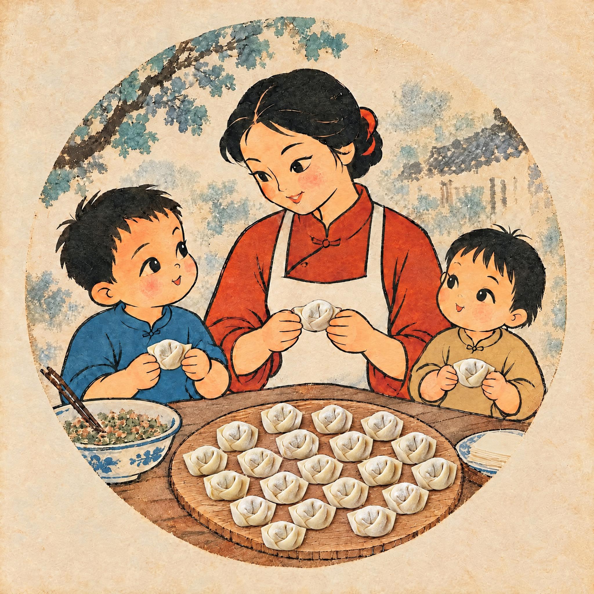 参考第二张图中生馄饨的真实形态，修改第一张插画中所有的馄饨：馄… - 图片创意预览