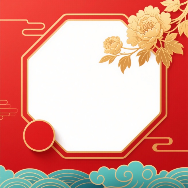 国潮风格背景，以正红色为底，金色线条勾勒的不规则八边形主框架，框架内为纯白色留白区域，右上角装饰有盛开的金色牡丹图案，左下角有一个圆形红色装饰，底部有一条蓝绿色的云纹装饰带，整体呈现出喜庆、典雅的传统中国风，线条流畅，色彩对比鲜明，充满节日氛围和文化底蕴。预览效果