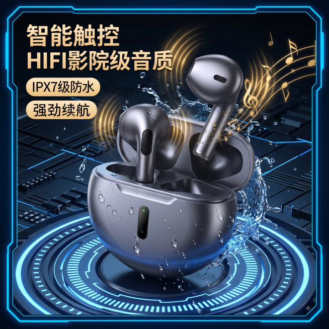 商品蓝牙耳机淘宝1:1主图，科技风风格，突出产品防水和高级音质卖点，科技感深色背景，展示产品质感，适配淘宝平台预览效果