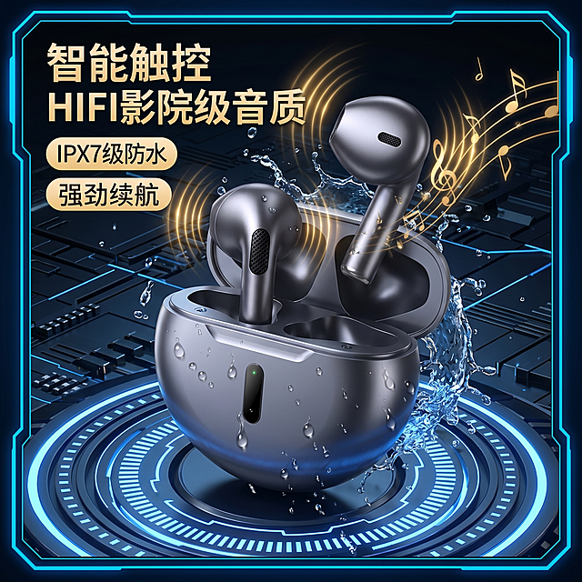 商品蓝牙耳机淘宝1:1主图，科技风风格，突出产品防水和高级音质卖点，科技感深色背景，展示产品质感，适配淘宝平台