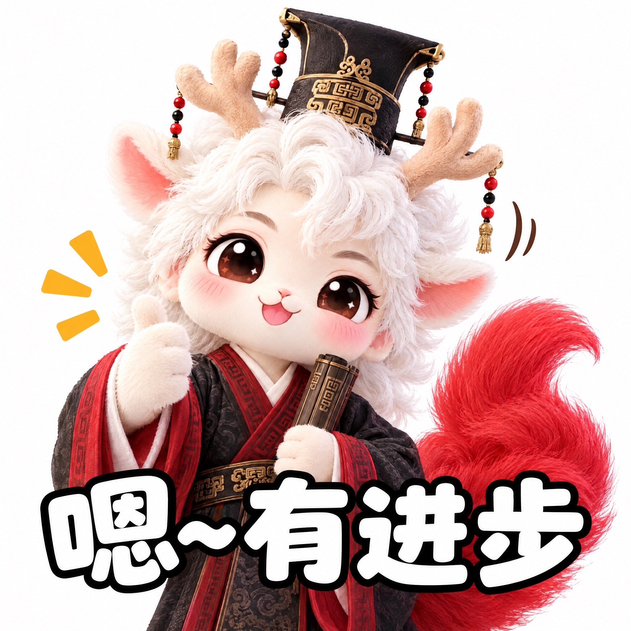 参考图中的白色鹿角人形神兽（穿黑红汉服、戴高冠、手持书卷），做… - 图片创意预览