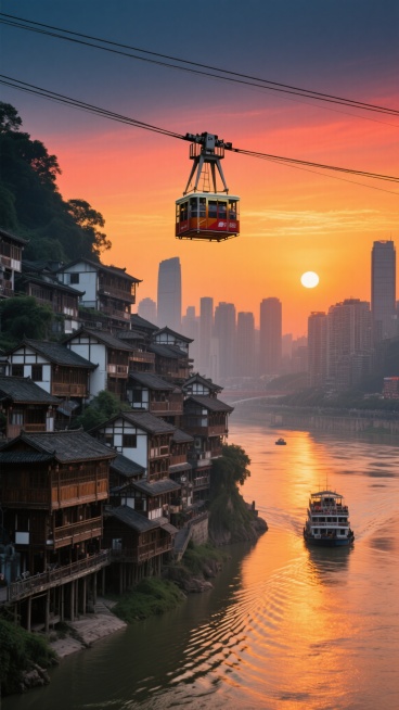 重庆城市风光，黄昏时分，橙黄色夕阳照耀下的长江索道，缆车在空中缓缓穿行，连接着两岸依山而建的层层叠叠的吊脚楼建筑群，青瓦白墙与现代高楼交织，江面上波光粼粼，船只驶过泛起涟漪，天空呈现渐变的橙红色与深蓝预览效果