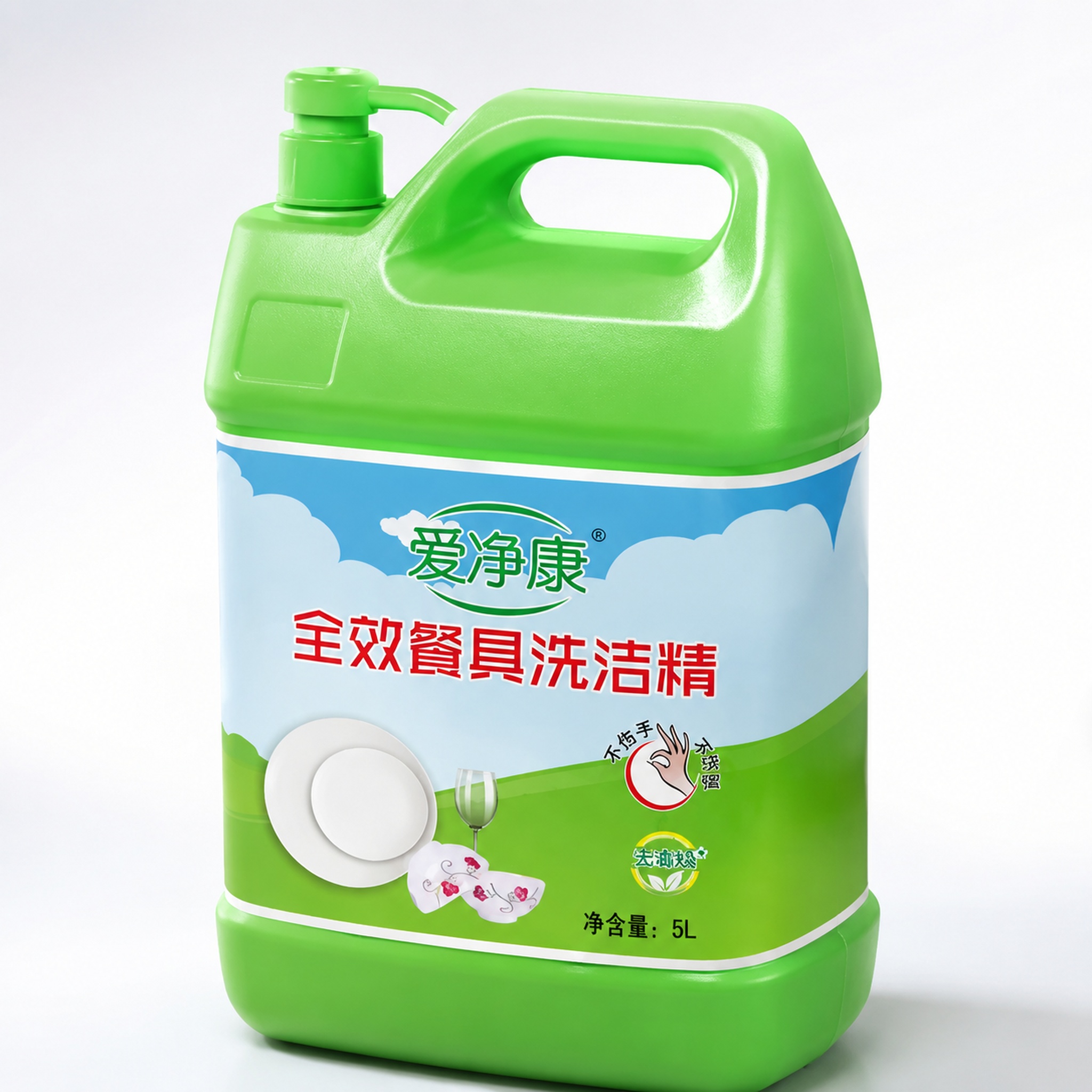 电商主图第3张，爱净康全效餐具洗洁精5L绿色瓶特写，展示大容量… - 图片创意预览