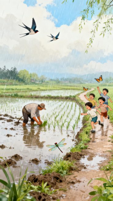细雨纷纷的春日田间，农民在水田里弯腰耕种，田边小路旁几个孩童嬉笑玩闹，追逐着蝴蝶和蜻蜓，远处天空有新燕展翅飞翔，满是春色盎然的清新田园景象预览效果