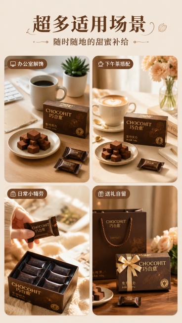 [第6屏] 适用场景展示屏-巧合意CHOCOHIT巧克力多场景种草。本屏使用【图1】产品作为展示主体。
[氛围/风格] 温馨日常治愈氛围，真实生活场景质感，柔和自然光线，简约高级。
[元素布局] 画面预览效果