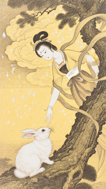 对角线构图，一个被祥云遮挡只露出半个身子的嫦娥，像刚刚飞下来的（眼神温柔，皮肤白皙，动作优美，衣带飘逸，仙气飘飘，手指细长）低头看着下方的兔子（对视互动，嫦娥手马上触摸上兔子的头，兔子毛发白色，毛茸茸预览效果